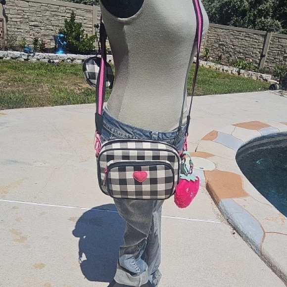 Betsey Johnson Handbags - Betsey Johnson Pink Plaid Crossbody Bag with Heart Charm